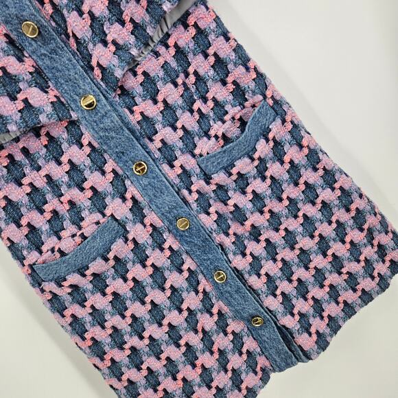 Sandro Amadora Dress Pink Blue Denim Trim Houndstooth Tweed Mini Pockets Size 4 - Picture 3 of 10